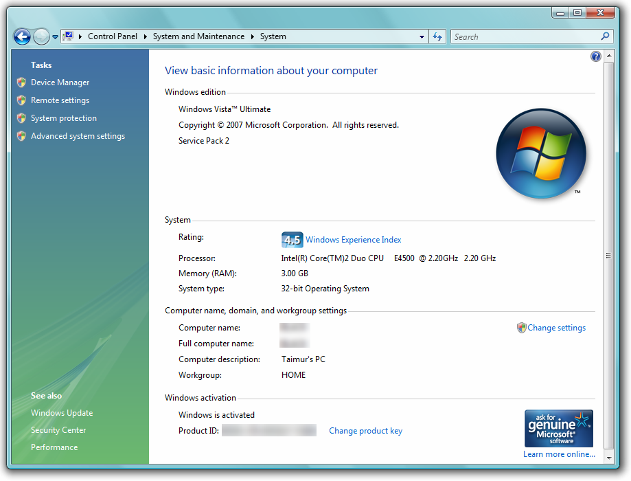 windows vis home basic service pack step two update